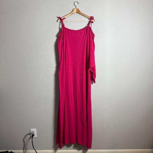 Oh My Gauze! Cold Shoulder Maxi Dress Women's 1X Pink Slit Beach Coastal Travel - Picture 3 of 15